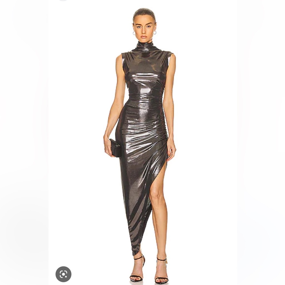 NORMA KAMALI GUNMETAL TURTLENECK SIDE DRAPE GOWN